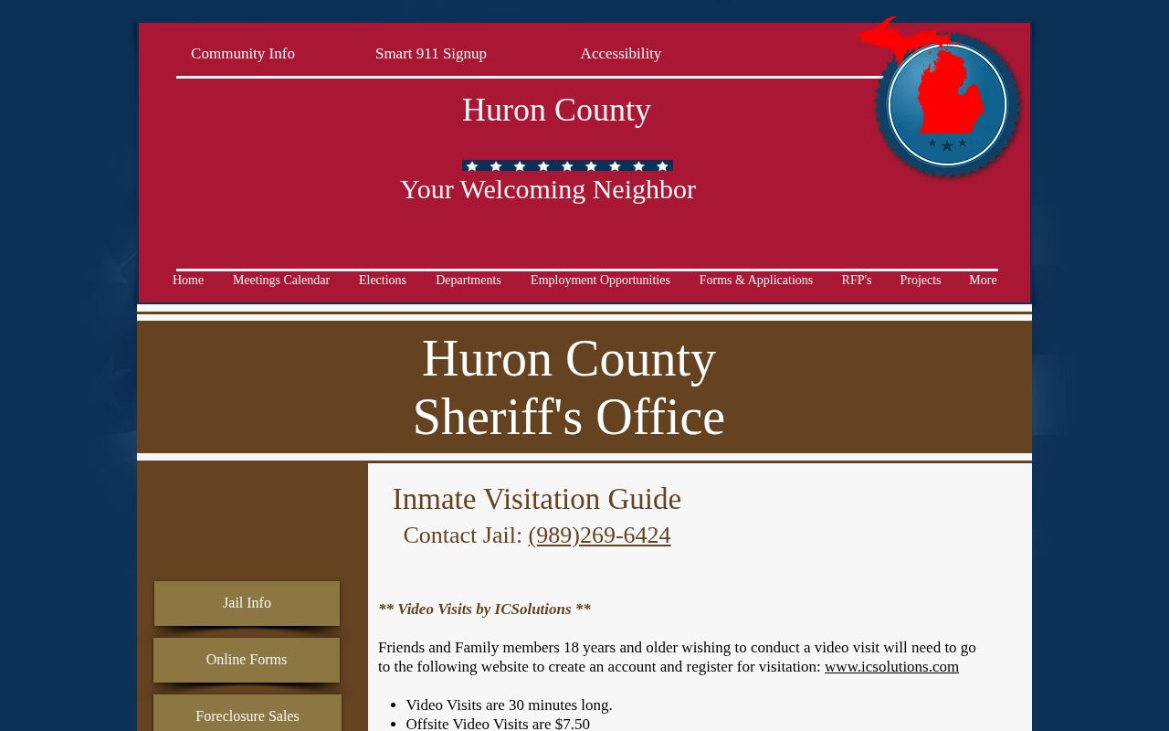 Huron County Jail information page used for arrest roster contact details