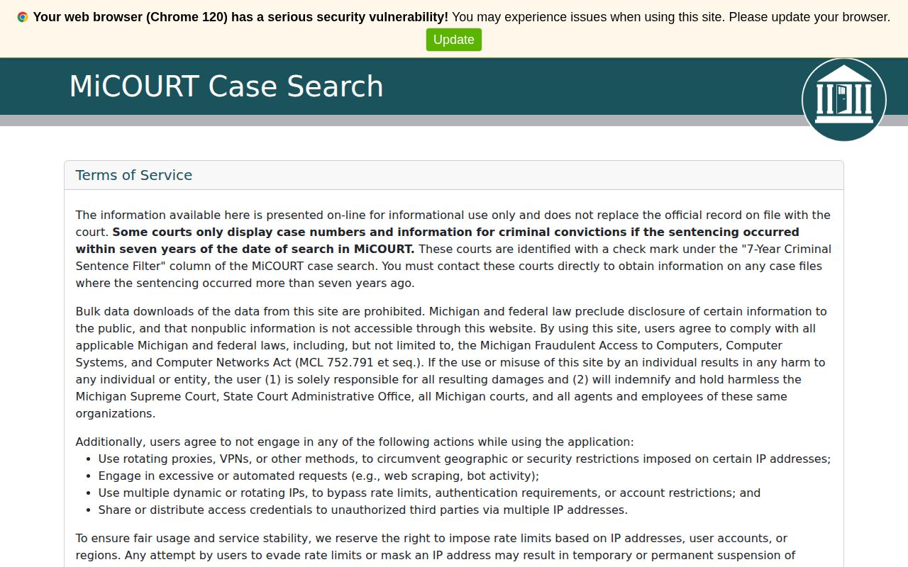 MiCOURT search used for Huron County arrest case and warrant context