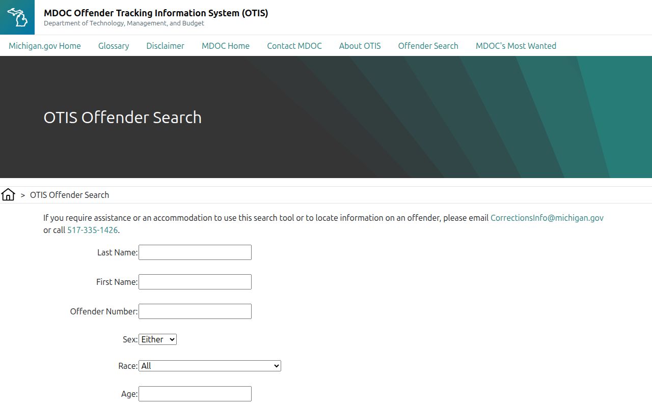 Michigan Department of Corrections OTIS search for state custody and supervision